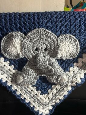 Handmade Crochet Elephant Baby Blanket - Navy, Gray & White